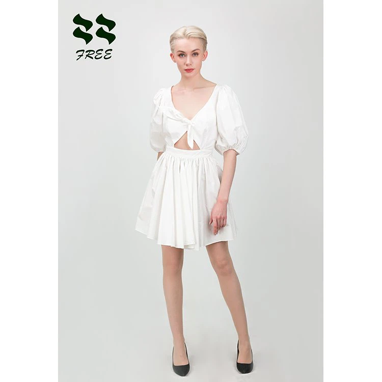 Big V Neck Short Sleeve Sexy White Dress With Bow On Front